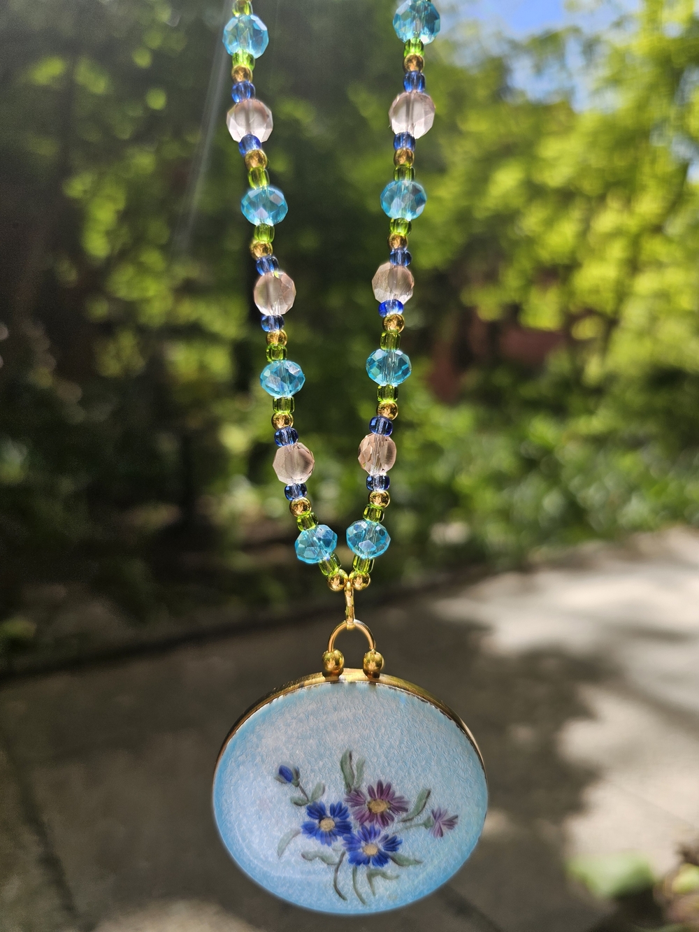 Beaded Blue Floral Pendant Necklace - Women Jewelry